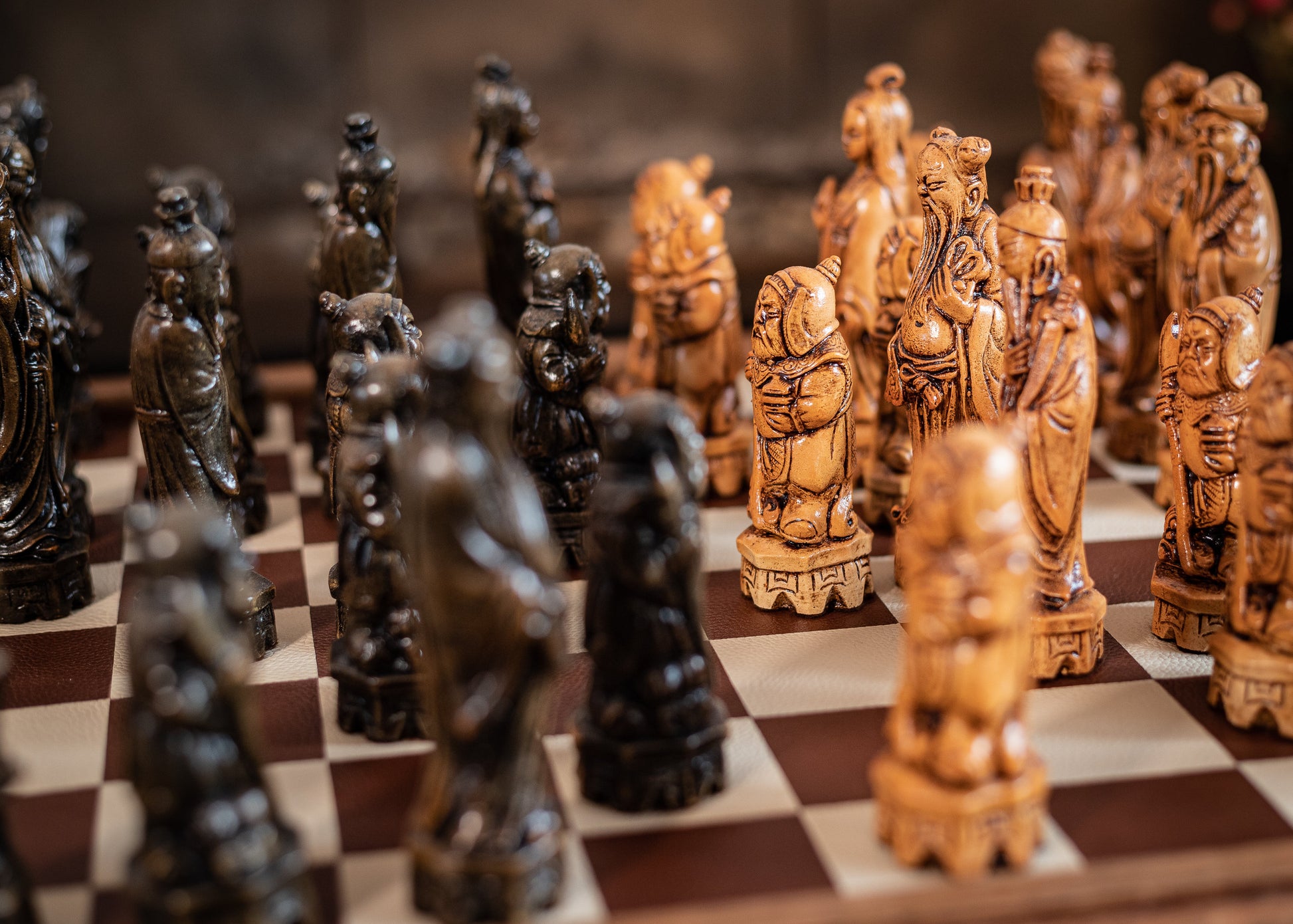 Made to order - Chess set, Chinese design in an aged black and mahogany. BOARD NOT INCULDED