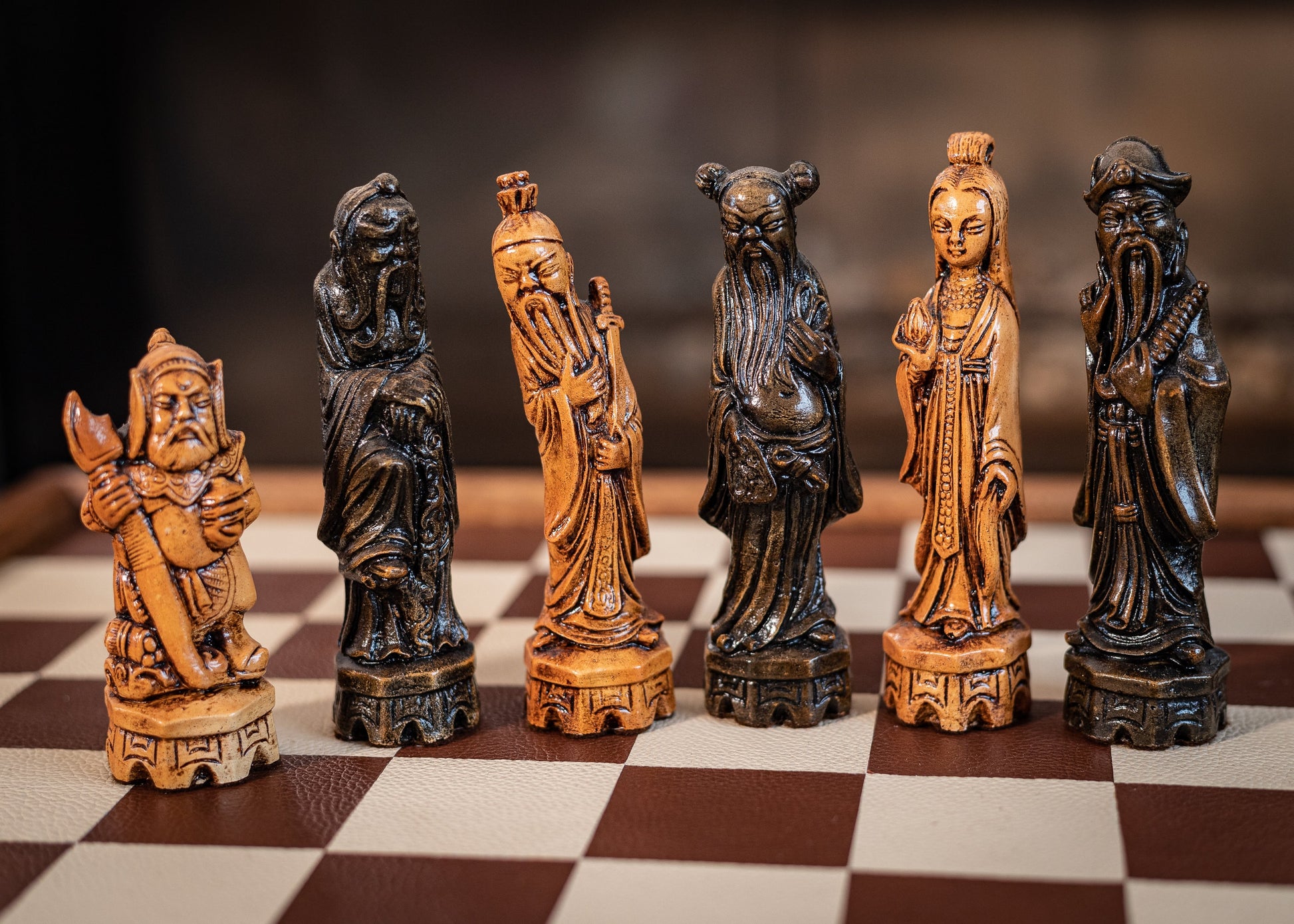 Made to order - Chess set, Chinese design in an aged black and mahogany. BOARD NOT INCULDED