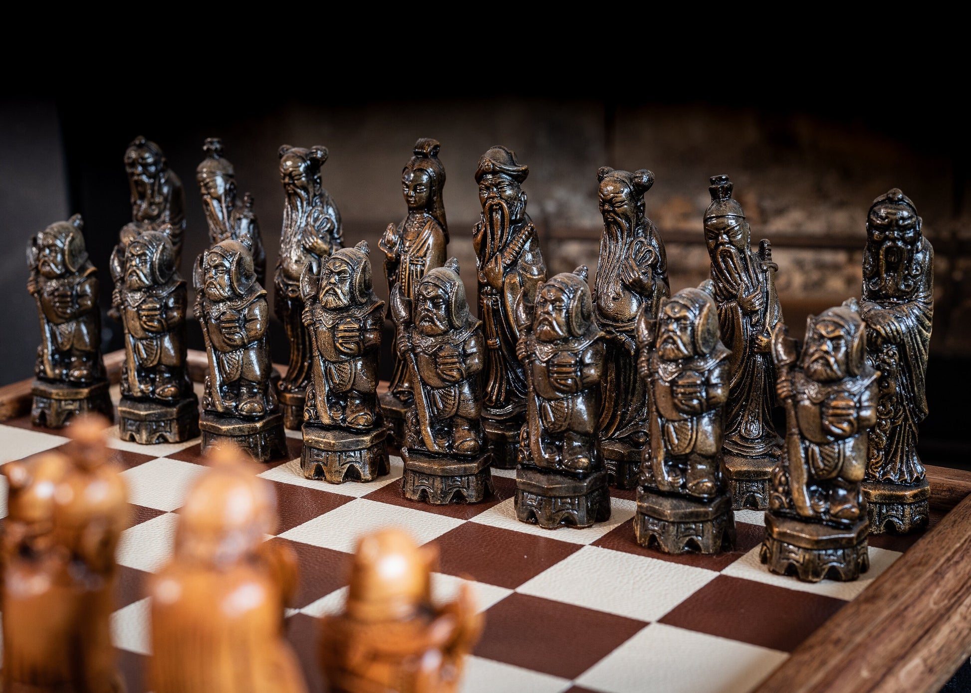 Made to order - Chess set, Chinese design in an aged black and mahogany. BOARD NOT INCULDED