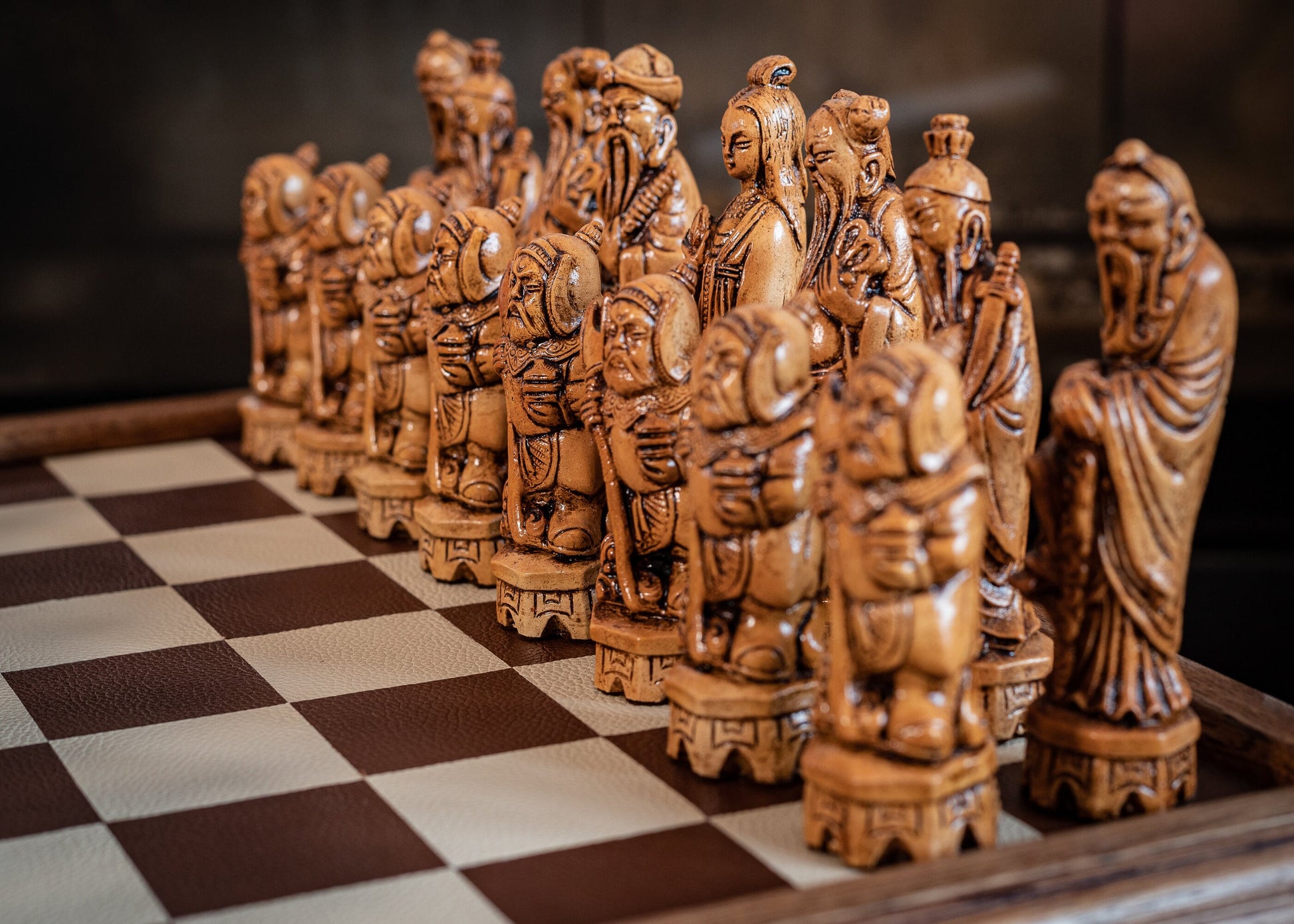 Made to order - Chess set, Chinese design in an aged black and mahogany. BOARD NOT INCULDED