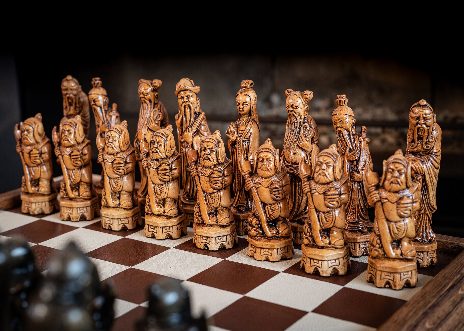 Made to order - Chess set, Chinese design in an aged black and mahogany. BOARD NOT INCULDED