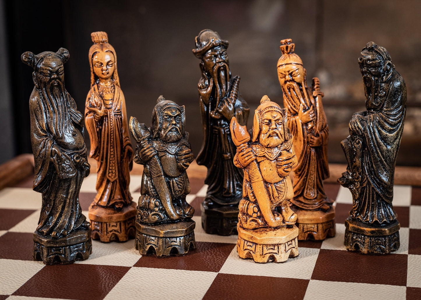 Made to order - Chess set, Chinese design in an aged black and mahogany. BOARD NOT INCULDED