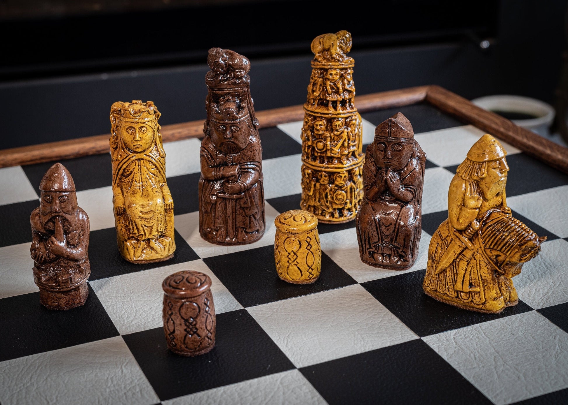 Made to order – Chess set, Gothic medieval design in a medium and dark oak colour. BOARD NOT INCULDED