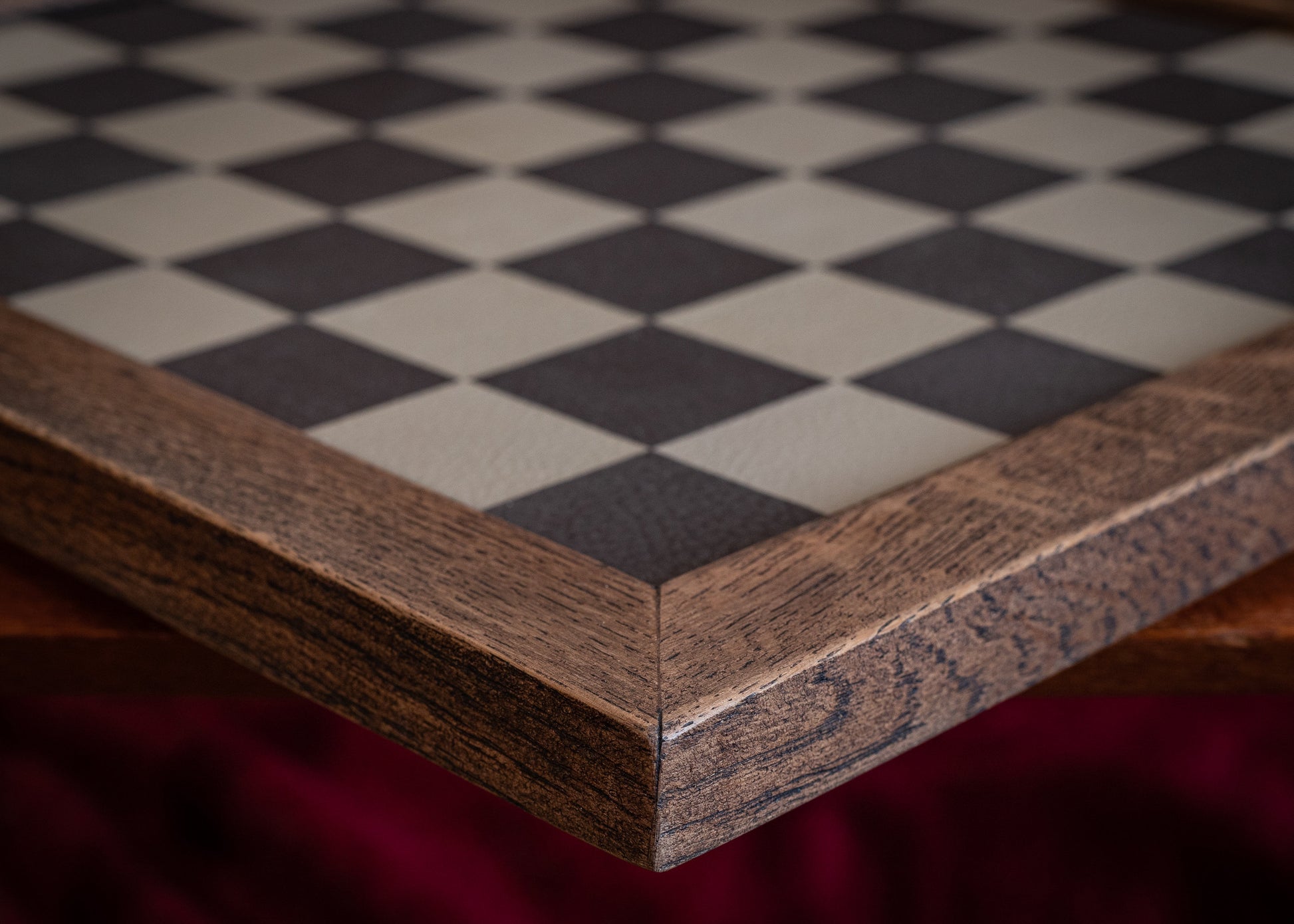 Made to order Chessboard finished in leather, with matching oak trim, 1 1/2"(40mm) squares. BOARD ONLY. Please note these are not in stock.