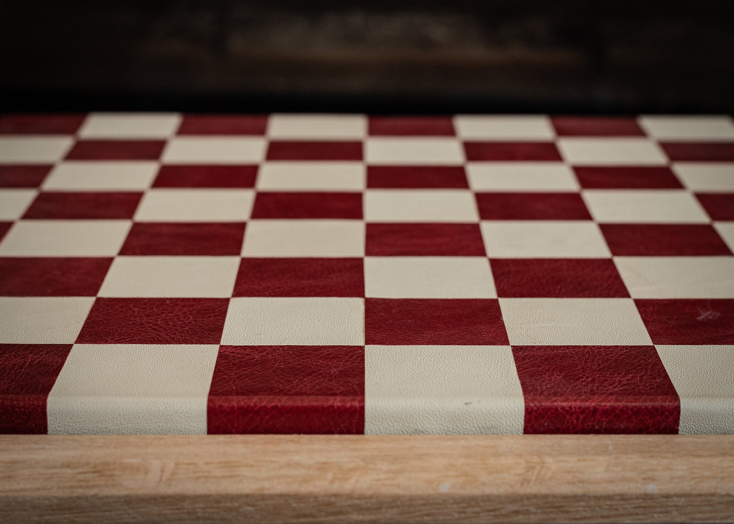 Made to order Chessboard finished in leather, with matching oak trim, 1 1/2"(40mm) squares. BOARD ONLY. Please note these are not in stock.