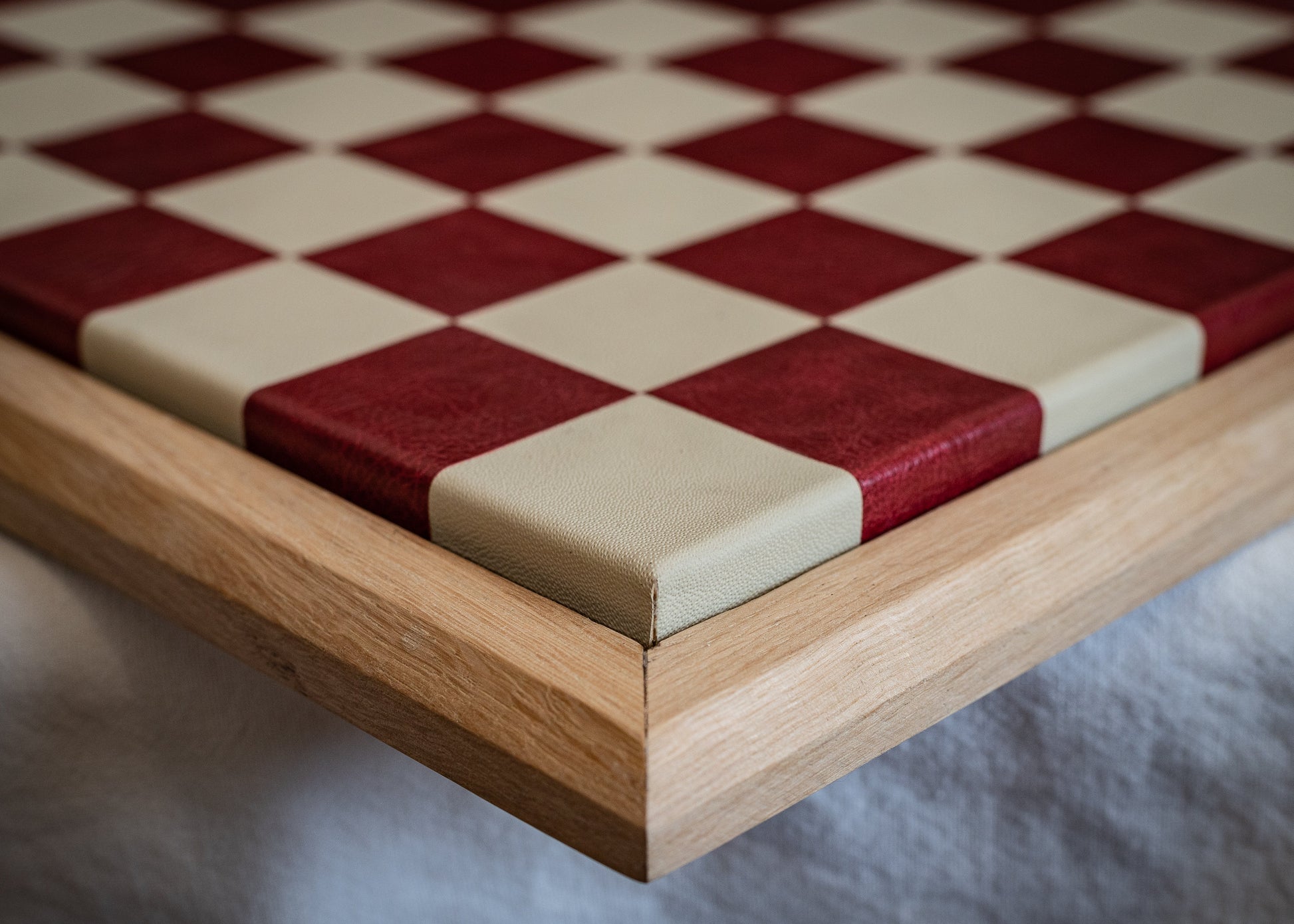 Made to order Chessboard finished in leather, with matching oak trim, 1 1/2"(40mm) squares. BOARD ONLY. Please note these are not in stock.