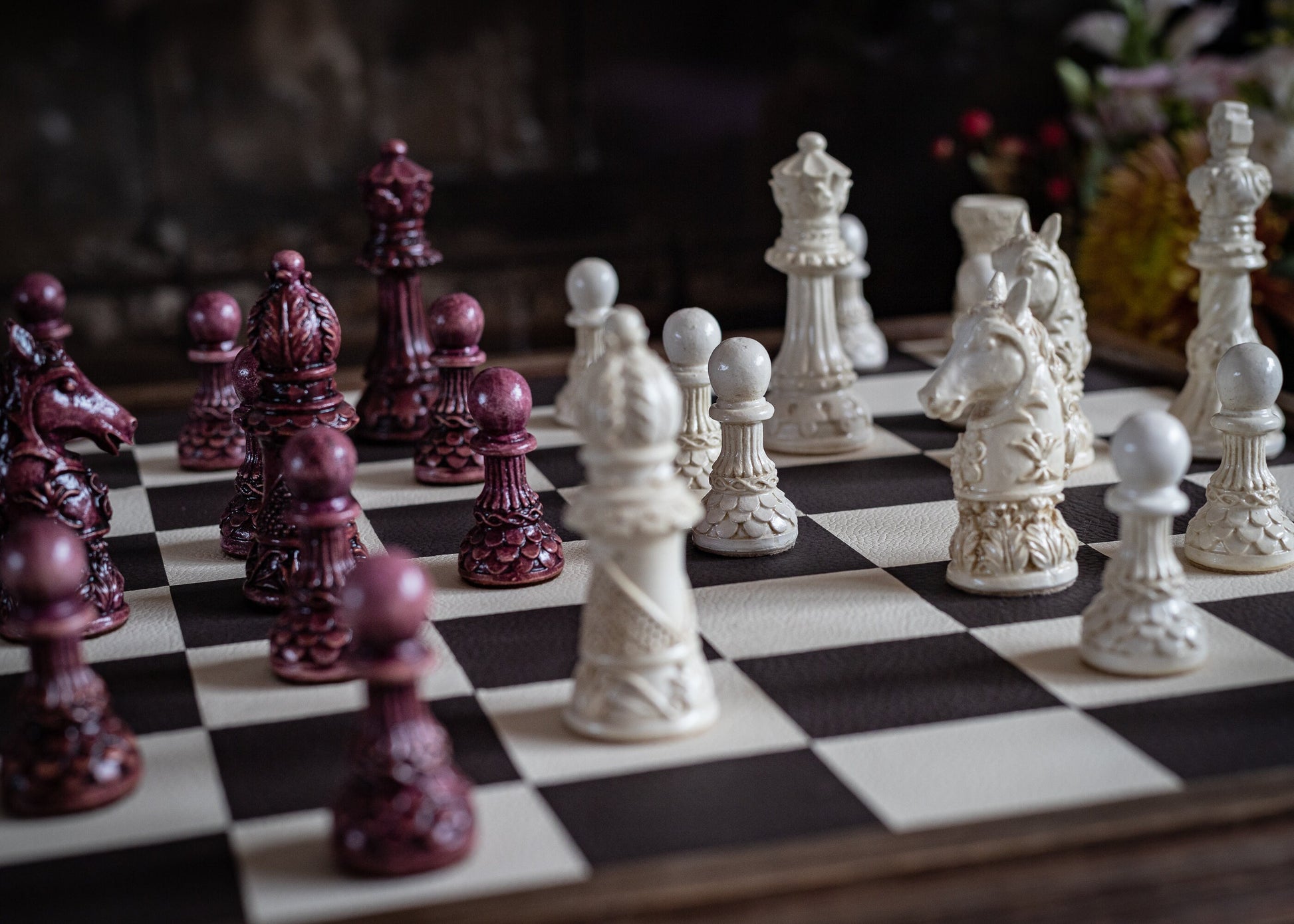 Made to order - Chess set, Ornate Staunton design in stone and aged purple. CHESS SET ONLY