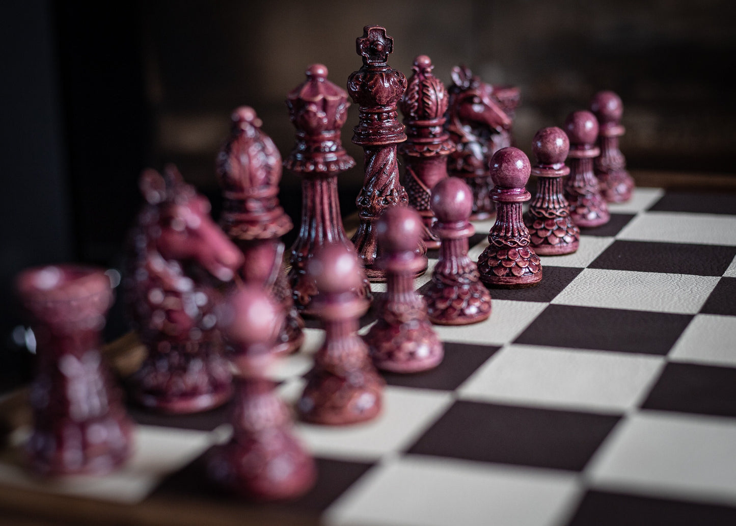 Made to order - Chess set, Ornate Staunton design in stone and aged purple. CHESS SET ONLY