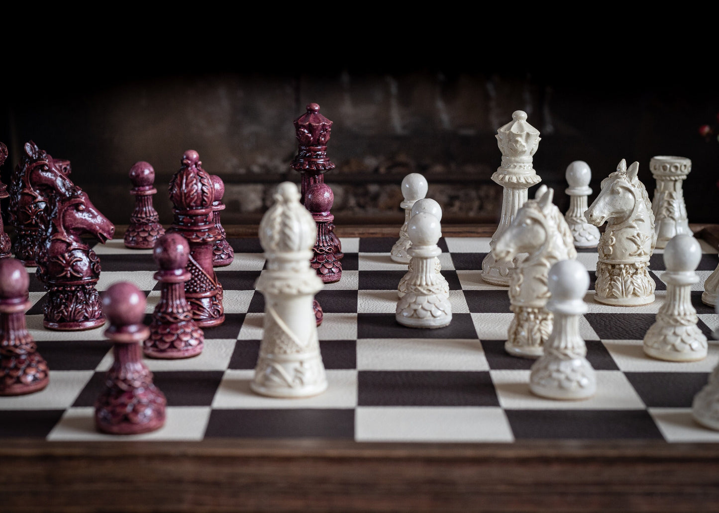 Made to order - Chess set, Ornate Staunton design in stone and aged purple. CHESS SET ONLY