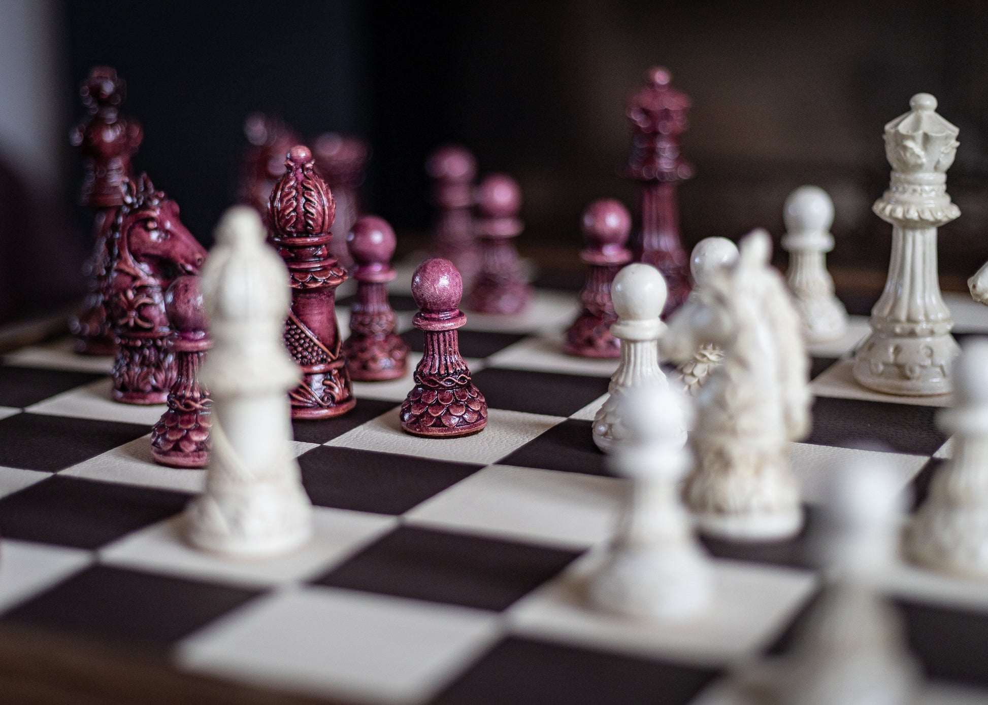 Made to order - Chess set, Ornate Staunton design in stone and aged purple. CHESS SET ONLY