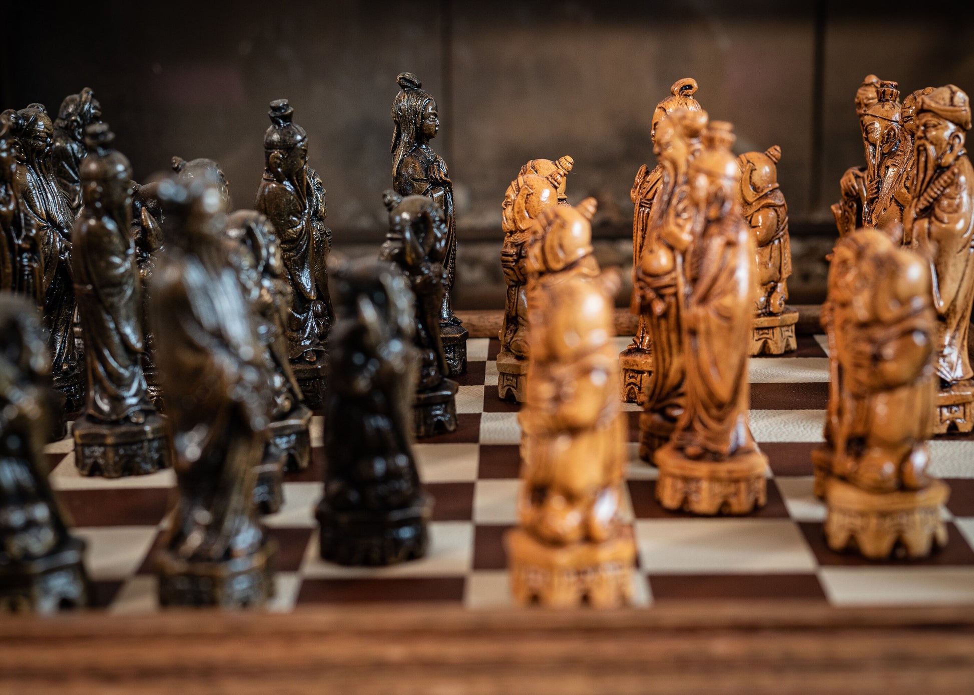 Made to order - Chess set, Chinese design in an aged black and mahogany. BOARD NOT INCULDED