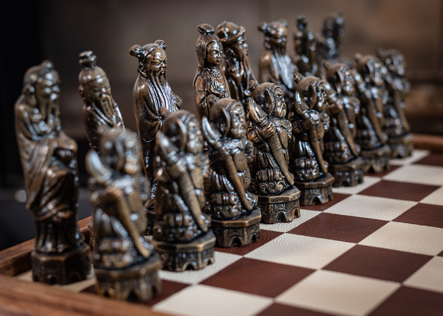 Made to order - Chess set, Chinese design in an aged black and mahogany. BOARD NOT INCULDED