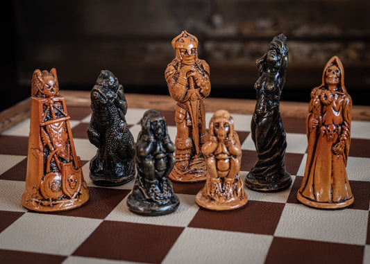 Made to order – Chess set, Fantasy Warlord design in a mahogany and aged black colour. CHESS SET ONLY