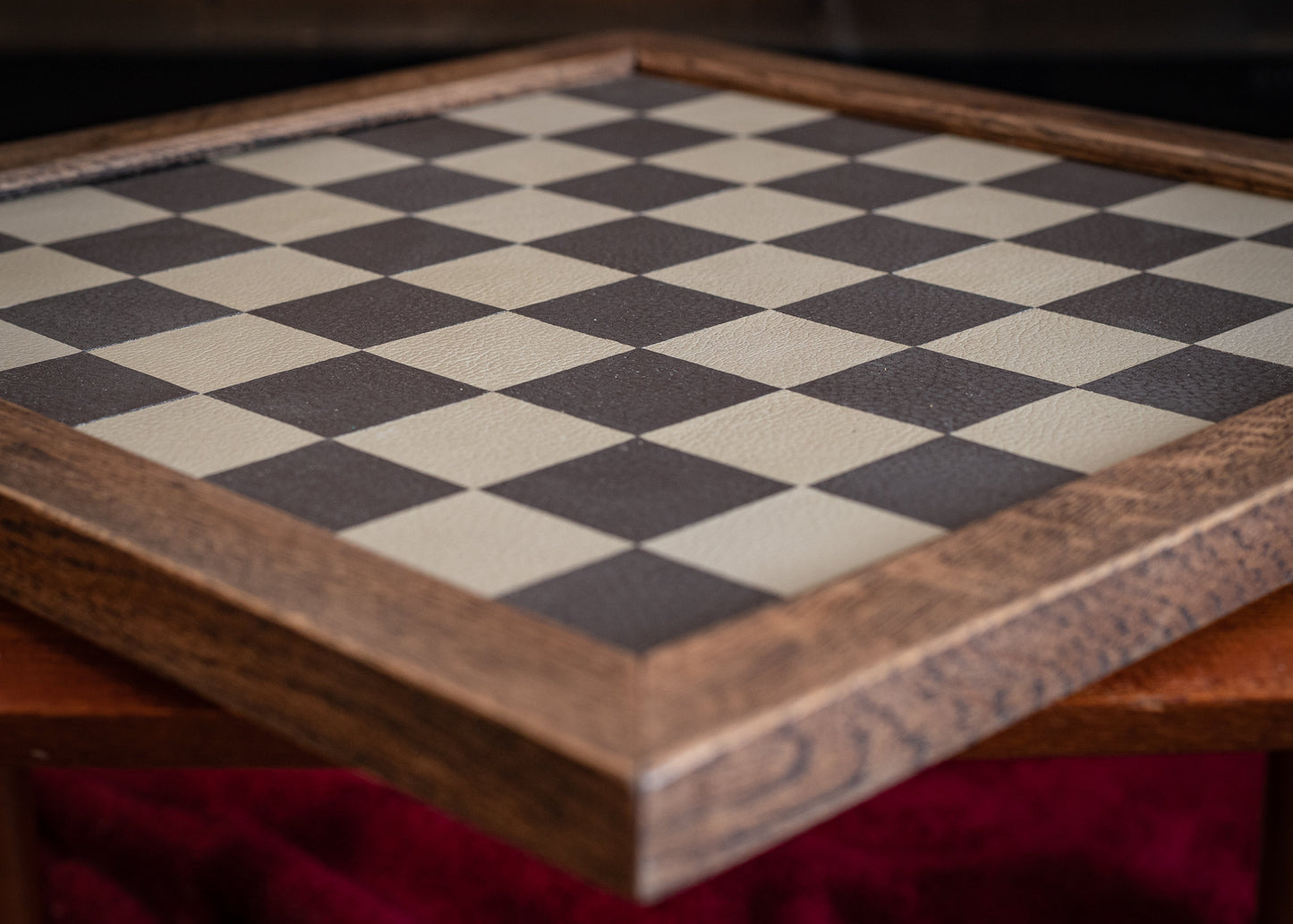 Made to order Chessboard finished in leather, with matching oak trim, 1 1/2"(40mm) squares. BOARD ONLY. Please note these are not in stock.