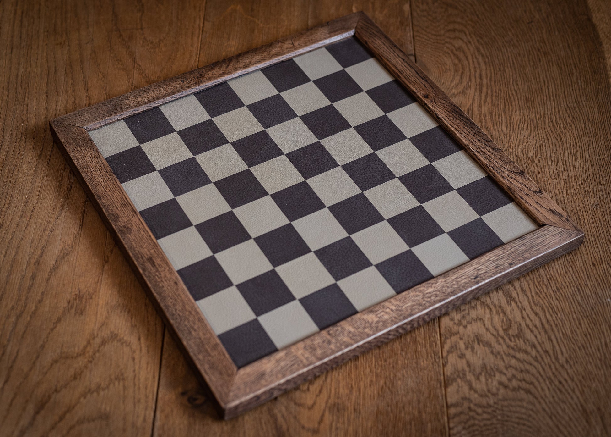 Made to order Chessboard finished in leather, with matching oak trim, 1 1/2"(40mm) squares. BOARD ONLY. Please note these are not in stock.