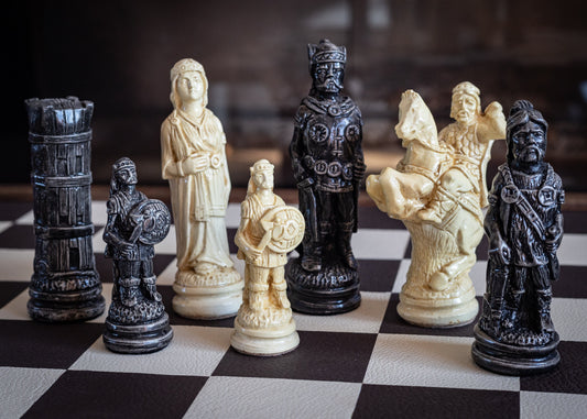 Made to order – Chess set, Viking design in a stone and black. BOARD NOT INCULDED