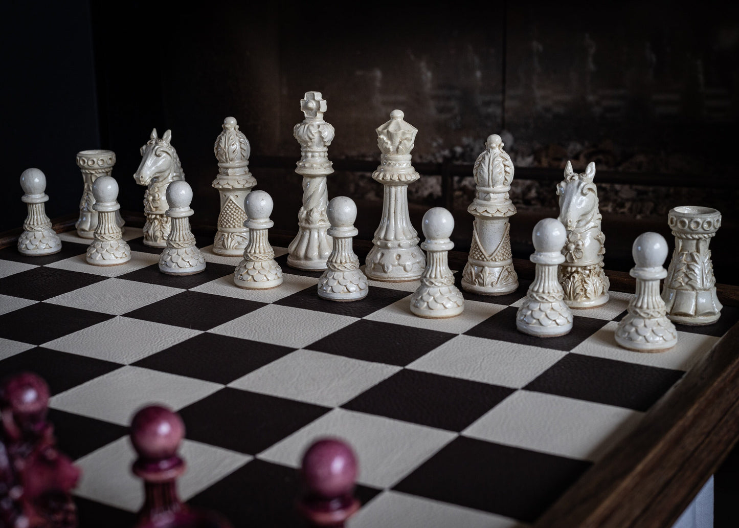 Made to order - Chess set, Ornate Staunton design in stone and aged purple. CHESS SET ONLY