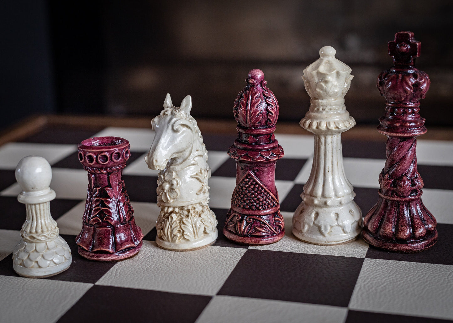 Made to order - Chess set, Ornate Staunton design in stone and aged purple. CHESS SET ONLY