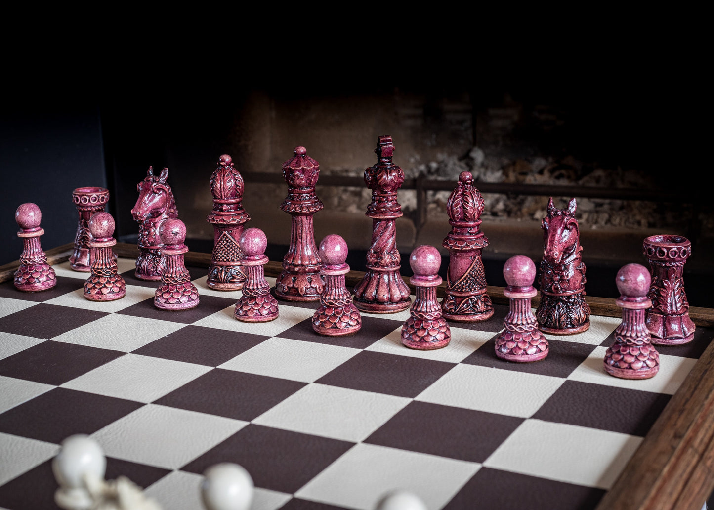 Made to order - Chess set, Ornate Staunton design in stone and aged purple. CHESS SET ONLY