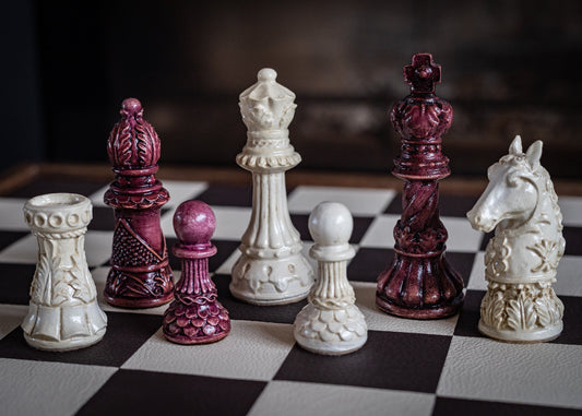 Made to order - Chess set, Ornate Staunton design in stone and aged purple. CHESS SET ONLY