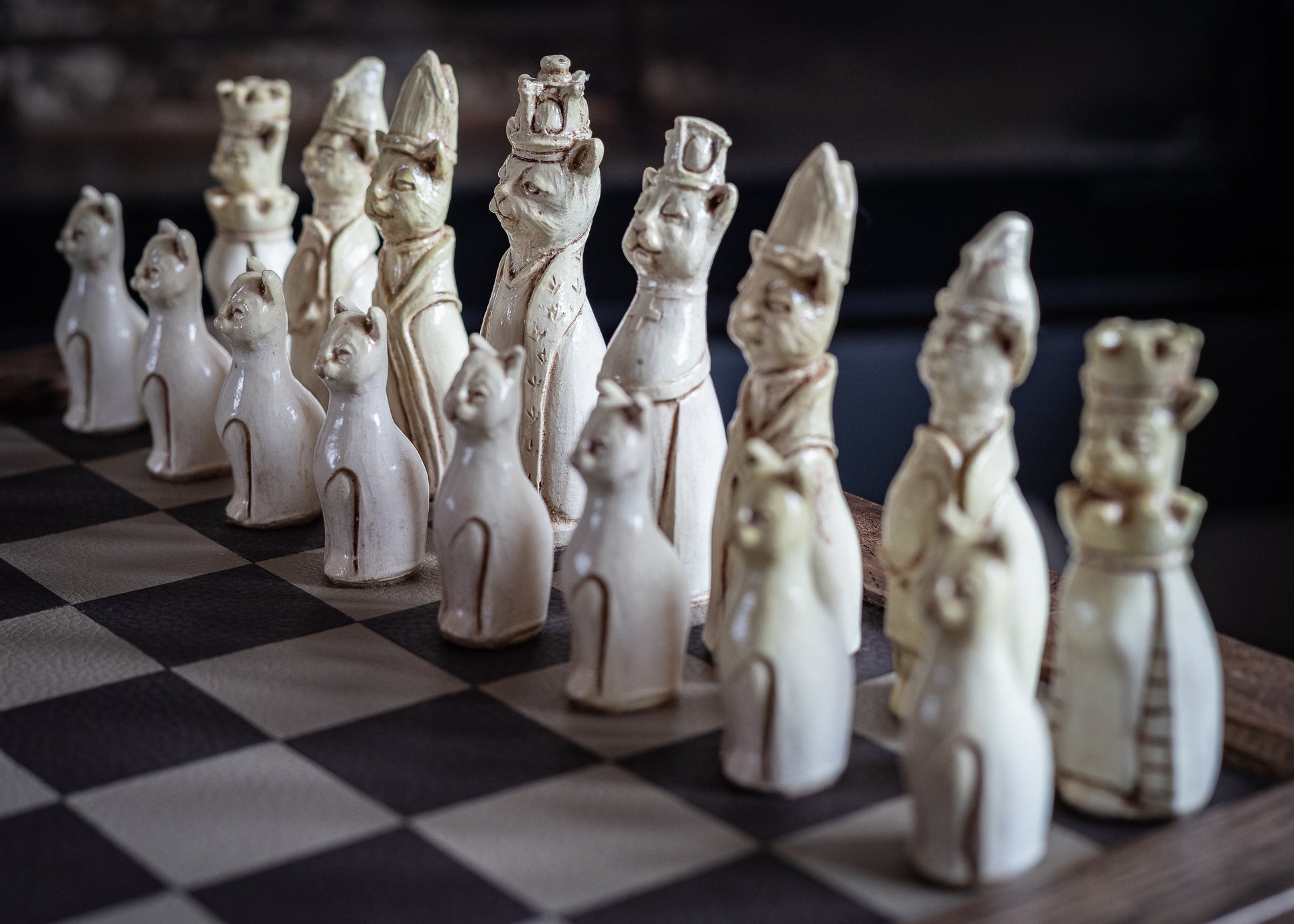 Made to order – Chess set, Royal Cats design in an aged violet and buttermilk colour. CHESS SET ONLY