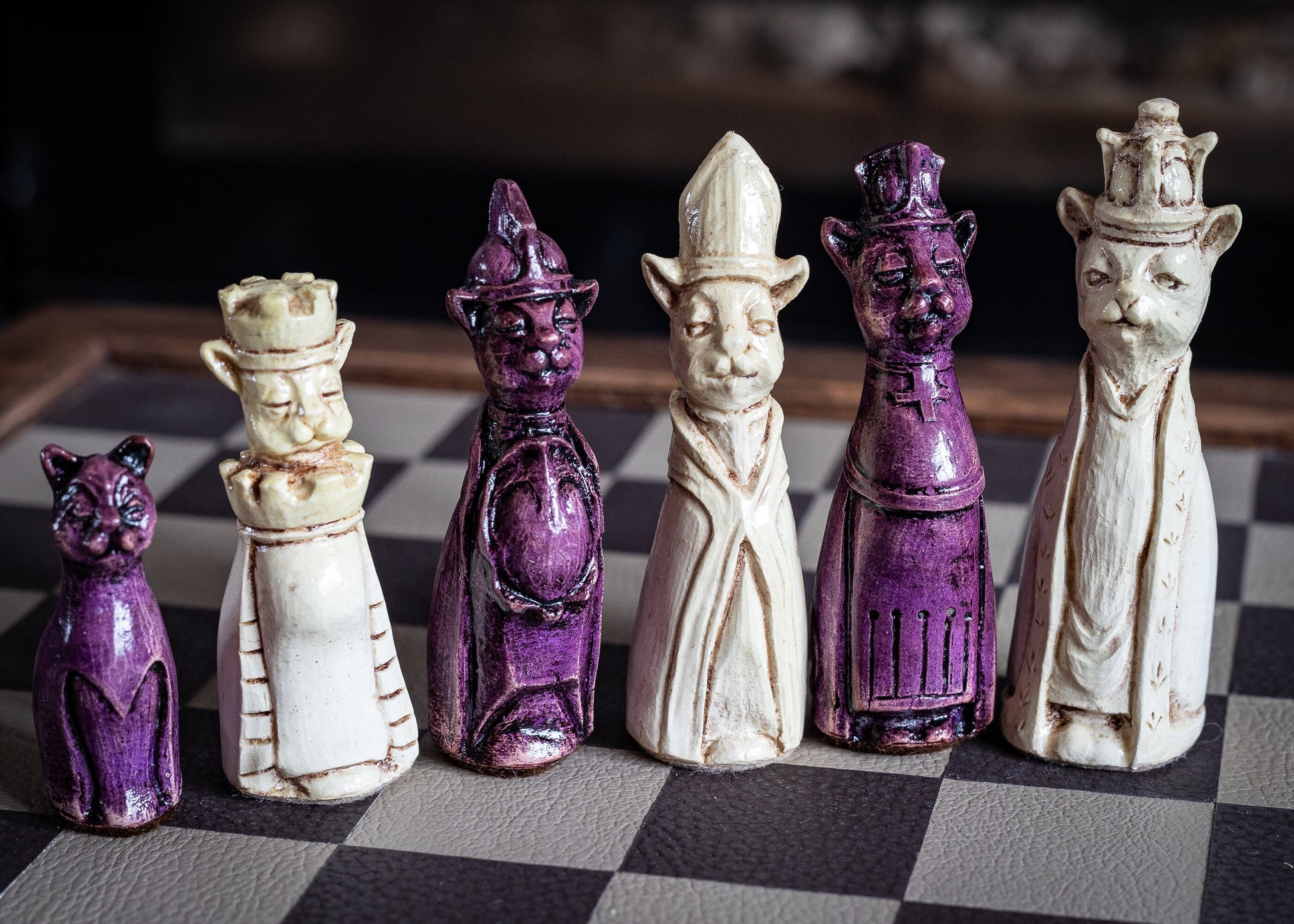 Made to order – Chess set, Royal Cats design in an aged violet and buttermilk colour. CHESS SET ONLY