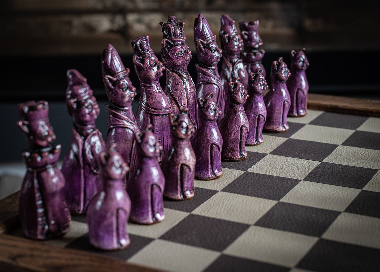 Made to order – Chess set, Royal Cats design in an aged violet and buttermilk colour. CHESS SET ONLY