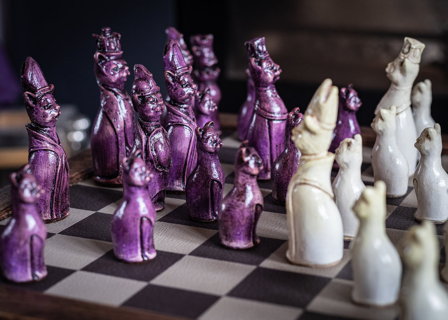 Made to order – Chess set, Royal Cats design in an aged violet and buttermilk colour. CHESS SET ONLY