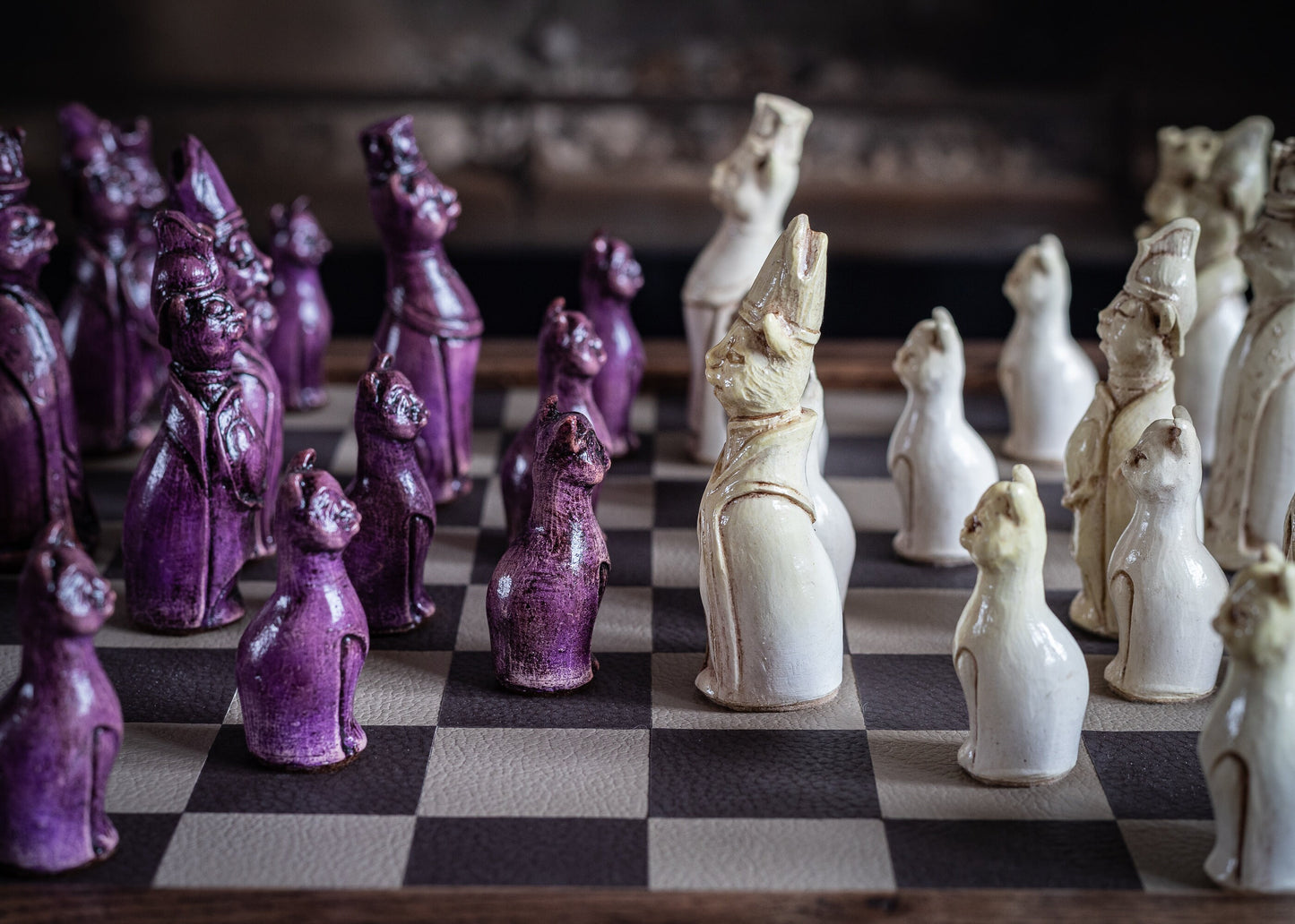 Made to order – Chess set, Royal Cats design in an aged violet and buttermilk colour. CHESS SET ONLY