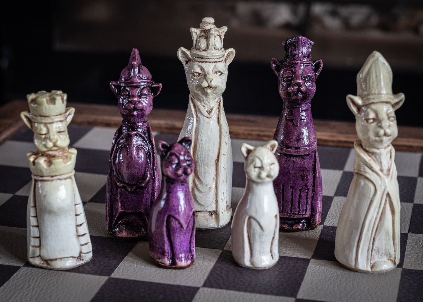 Made to order – Chess set, Royal Cats design in an aged violet and buttermilk colour. CHESS SET ONLY