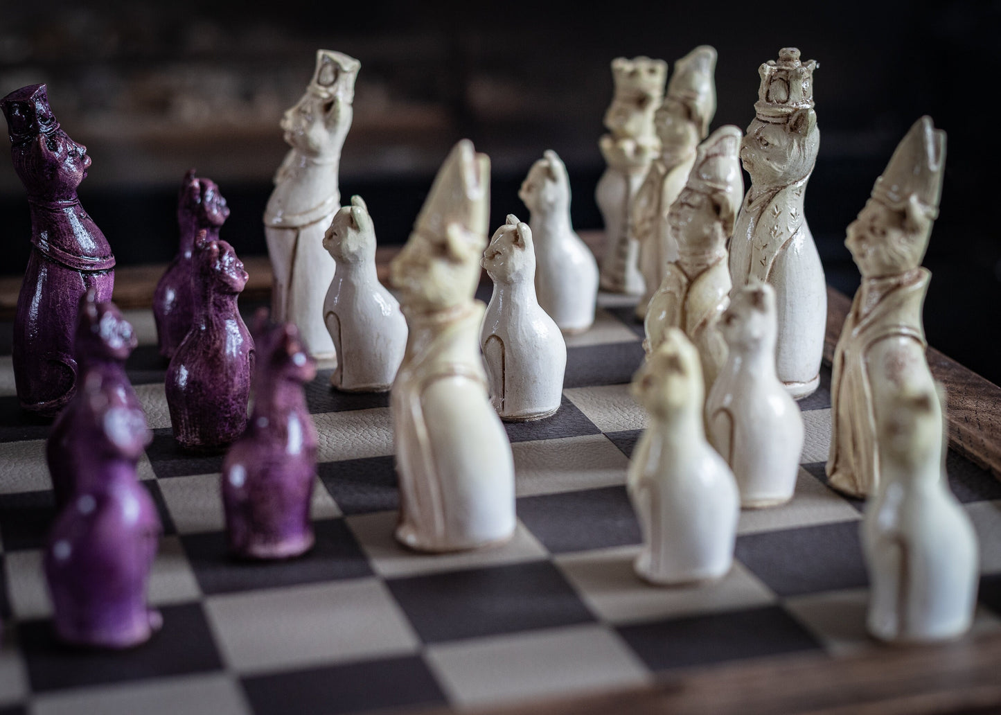 Made to order – Chess set, Royal Cats design in an aged violet and buttermilk colour. CHESS SET ONLY