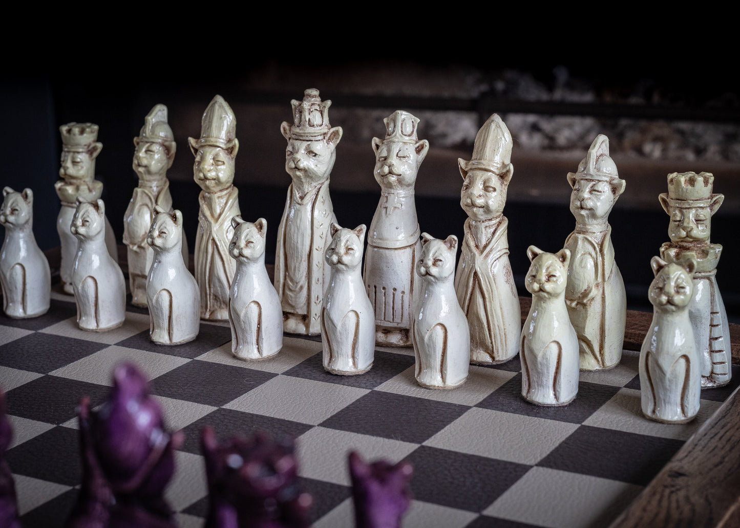 Made to order – Chess set, Royal Cats design in an aged violet and buttermilk colour. CHESS SET ONLY