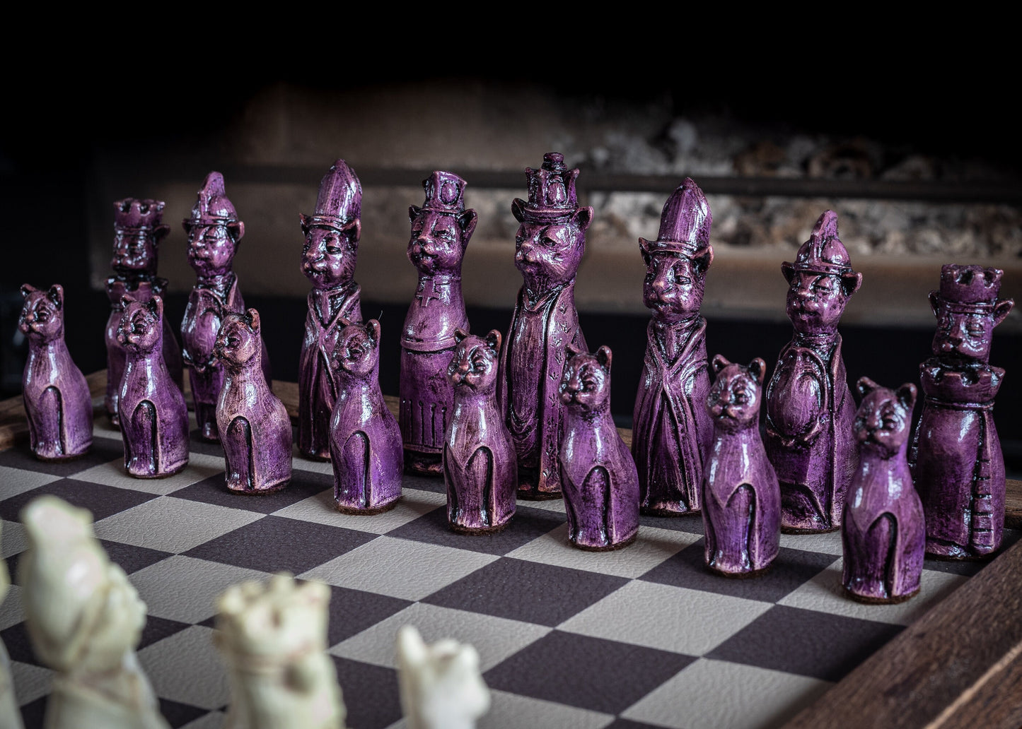 Made to order – Chess set, Royal Cats design in an aged violet and buttermilk colour. CHESS SET ONLY