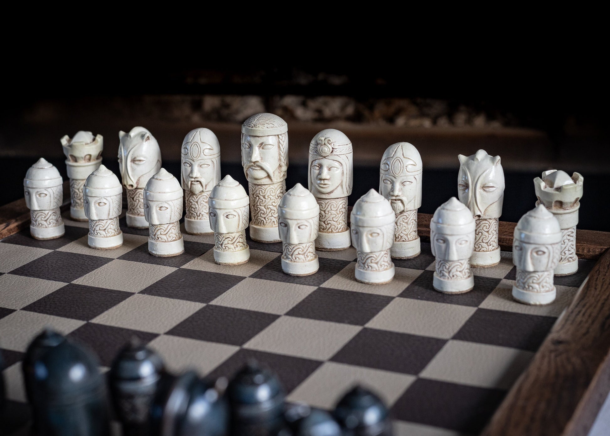 Made to order – Chess set, Celtic design in an aged stone and blue colour. BOARD NOT INCULDED