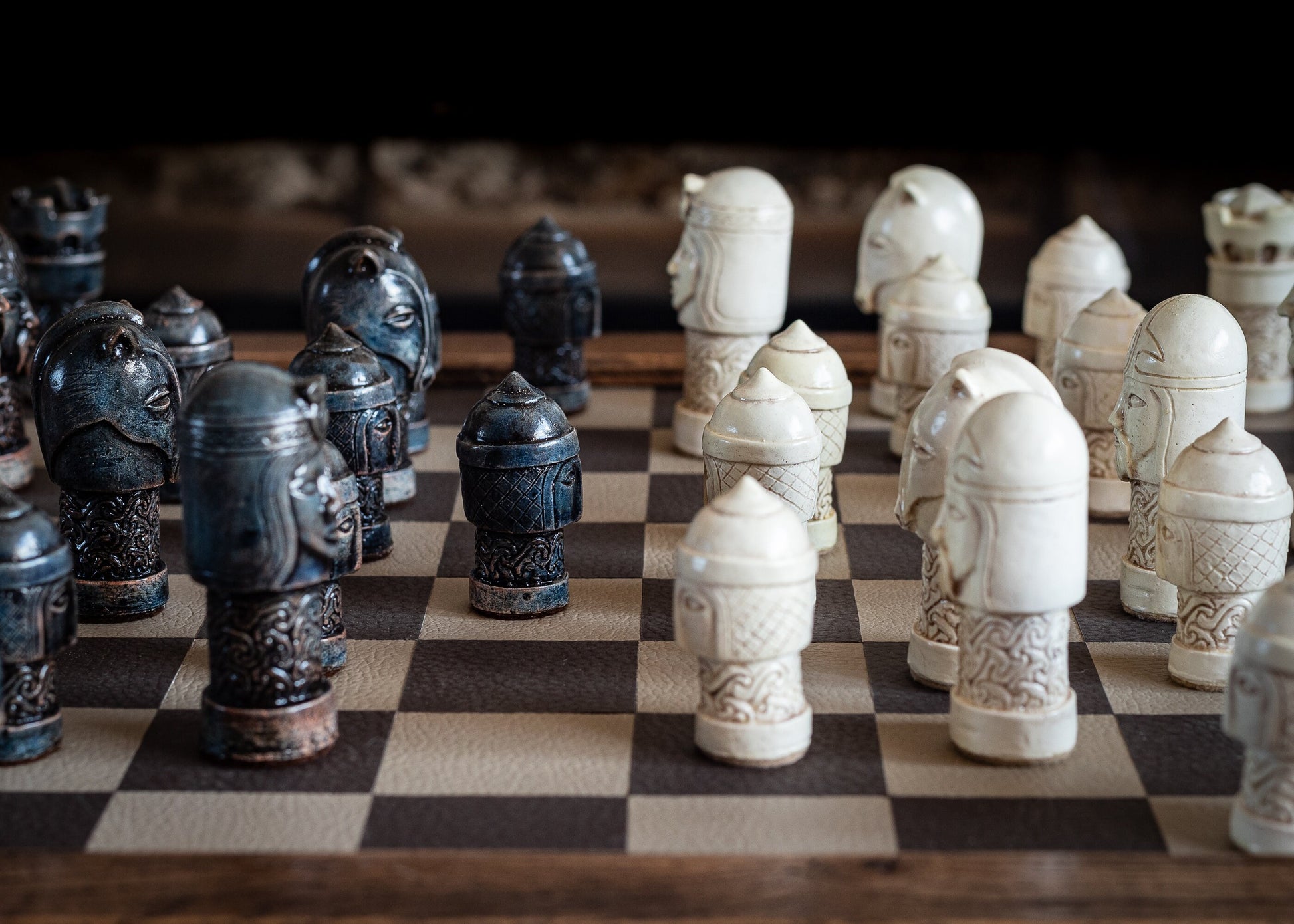 Made to order – Chess set, Celtic design in an aged stone and blue colour. BOARD NOT INCULDED