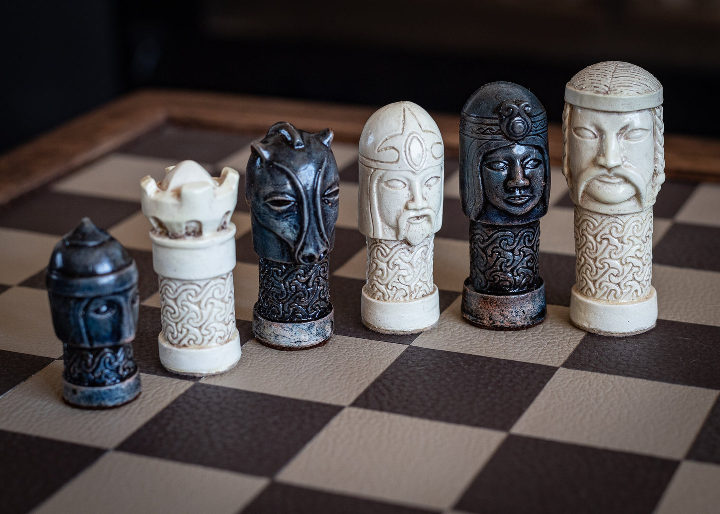 Made to order – Chess set, Celtic design in an aged stone and blue colour. BOARD NOT INCULDED