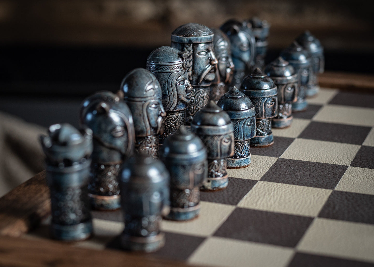 Made to order – Chess set, Celtic design in an aged stone and blue colour. BOARD NOT INCULDED