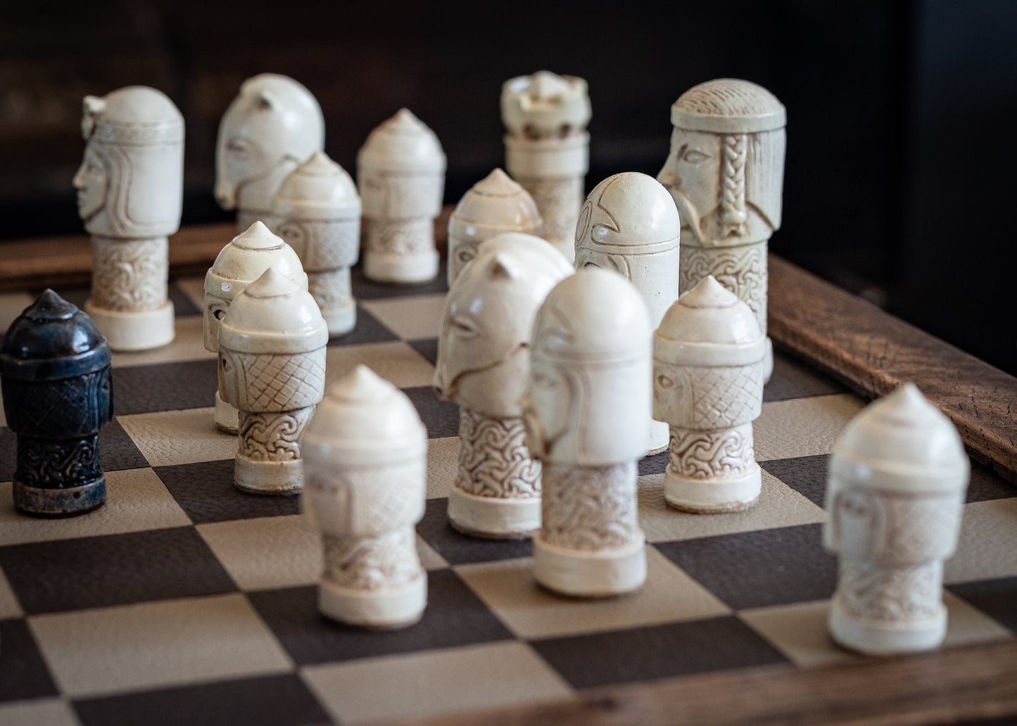 Made to order – Chess set, Celtic design in an aged stone and blue colour. BOARD NOT INCULDED