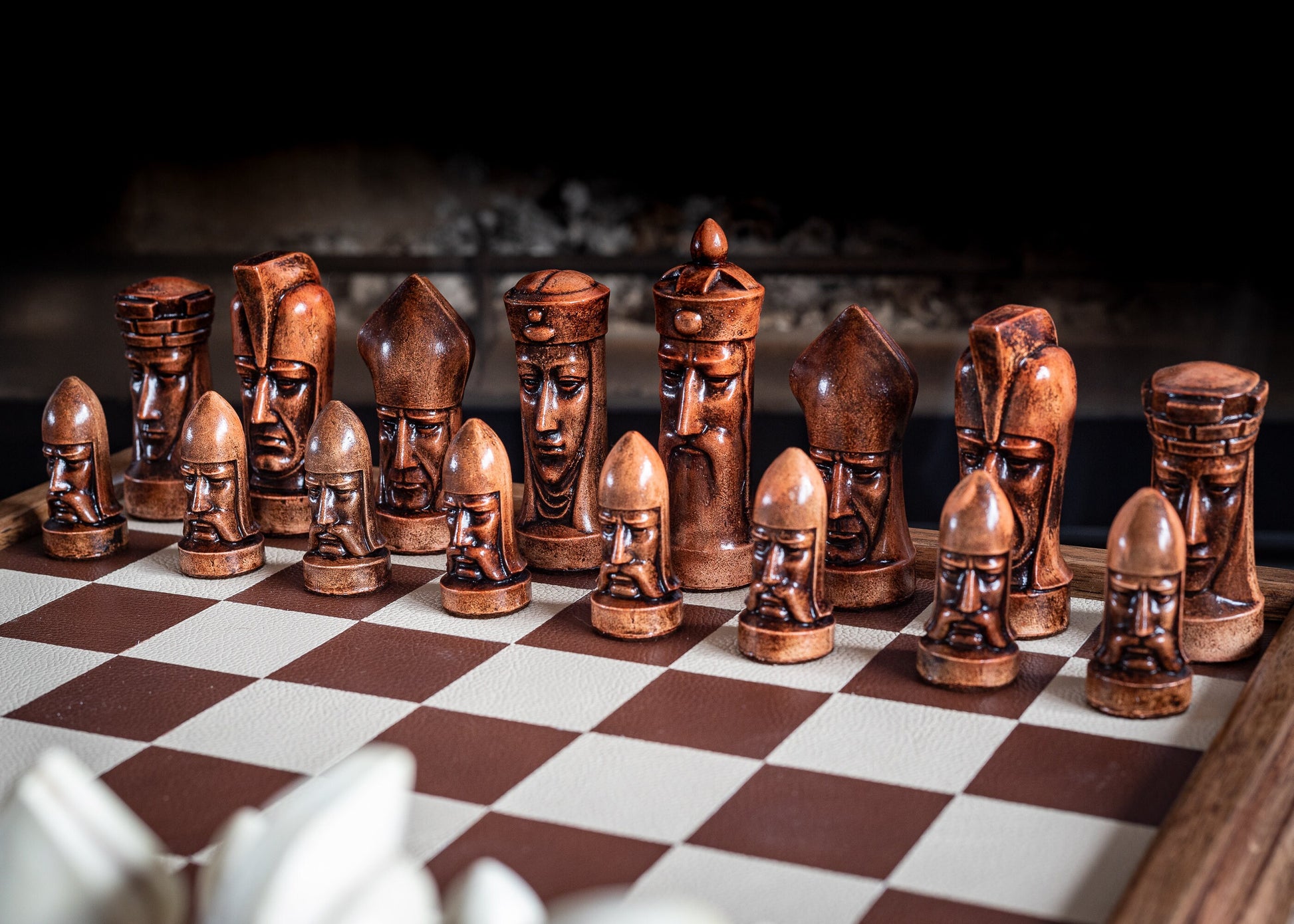 Made to order - Chess set, Gothic heads, similar to one used in orginal Star Trek series. In aged stone and mahogany. BOARD NOT INCULDED