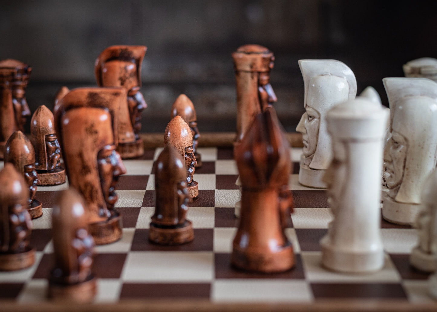 Made to order - Chess set, Gothic heads, similar to one used in orginal Star Trek series. In aged stone and mahogany. BOARD NOT INCULDED