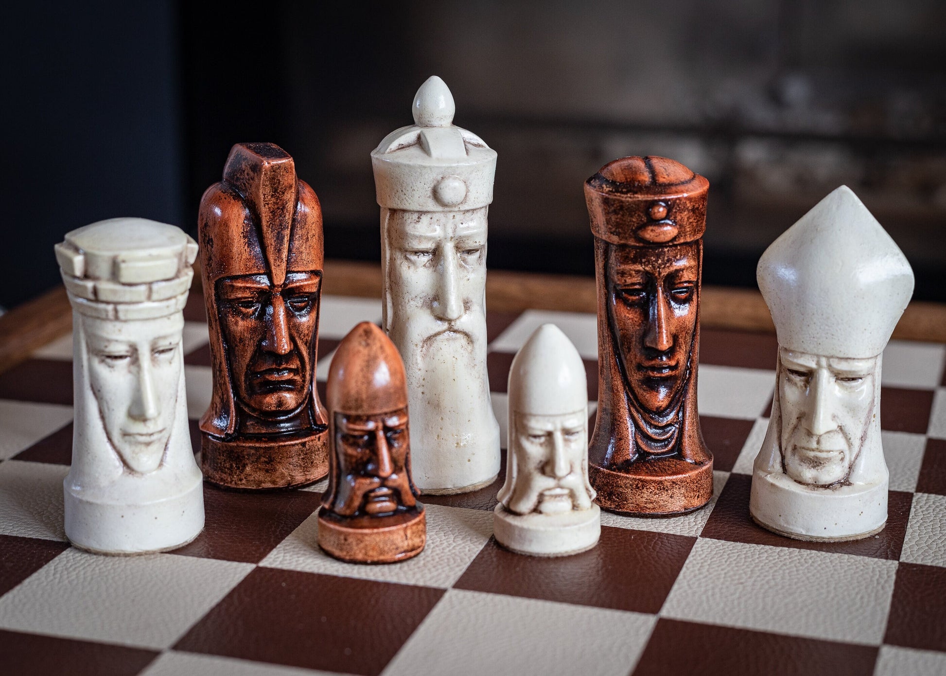 Made to order - Chess set, Gothic heads, similar to one used in orginal Star Trek series. In aged stone and mahogany. BOARD NOT INCULDED