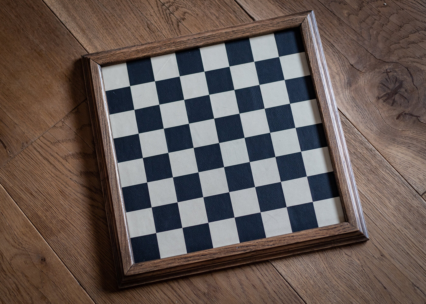 Made to order Chessboard finished in leather, with matching oak trim, 1 1/2"(40mm) squares. BOARD ONLY. Please note these are not in stock.