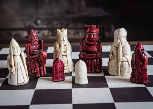 Made to order – Chess set, Lewis No.1 and No.2 design in an aged buttermilk and aged red colour. BOARD NOT INCULDED