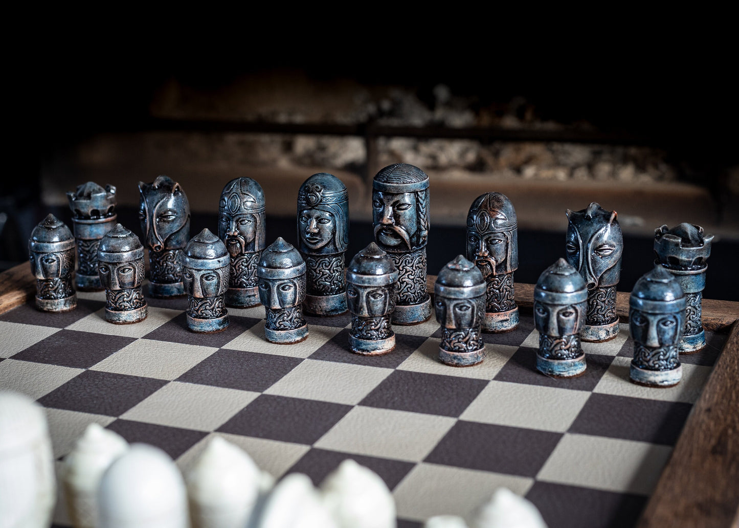 Made to order – Chess set, Celtic design in an aged stone and blue colour. BOARD NOT INCULDED