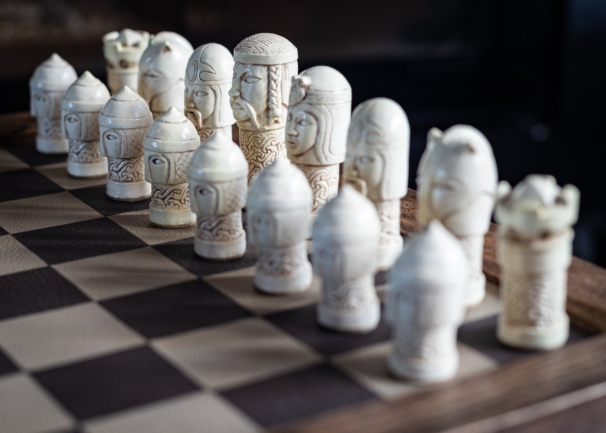 Made to order – Chess set, Celtic design in an aged stone and blue colour. BOARD NOT INCULDED