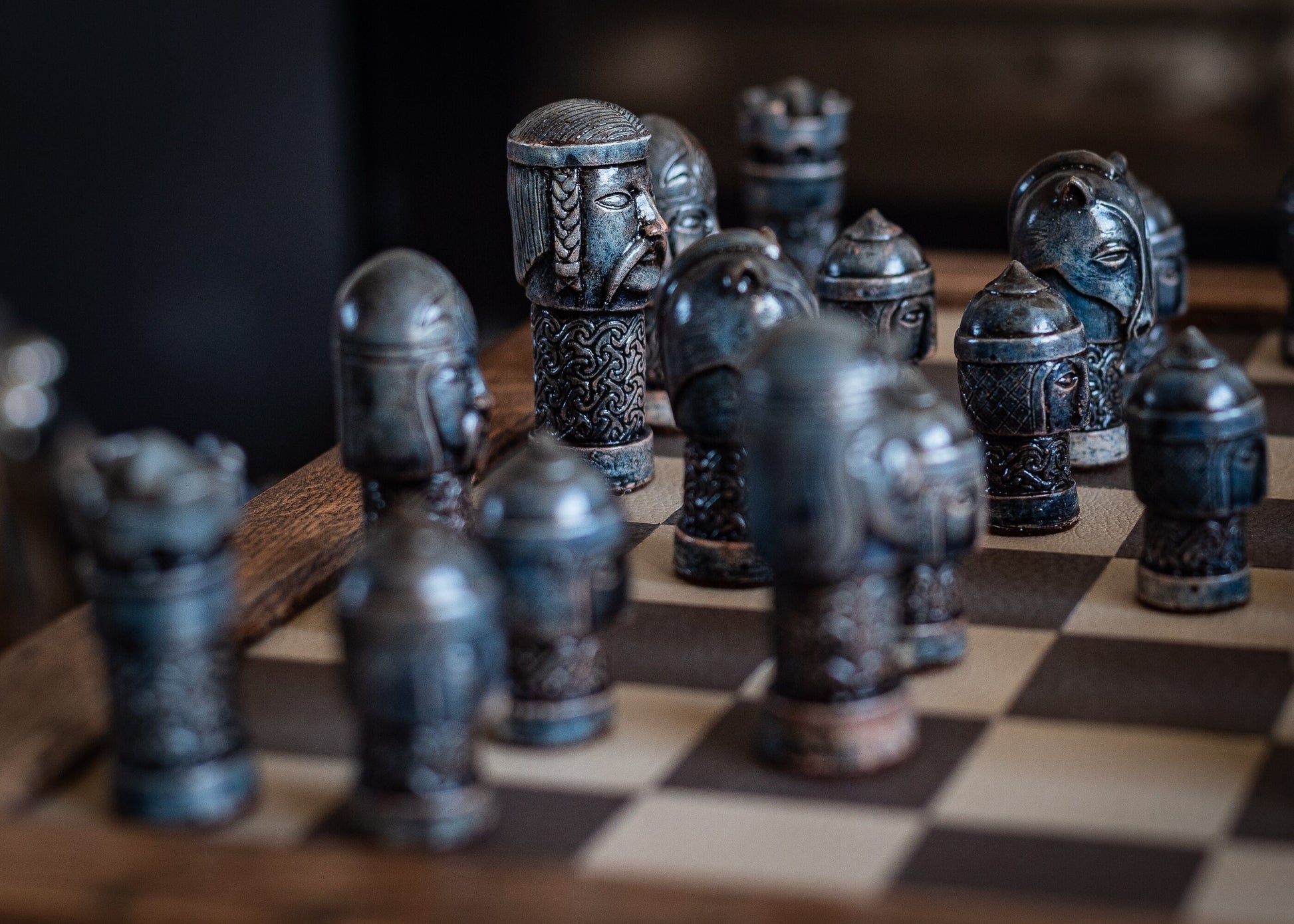 Made to order – Chess set, Celtic design in an aged stone and blue colour. BOARD NOT INCULDED