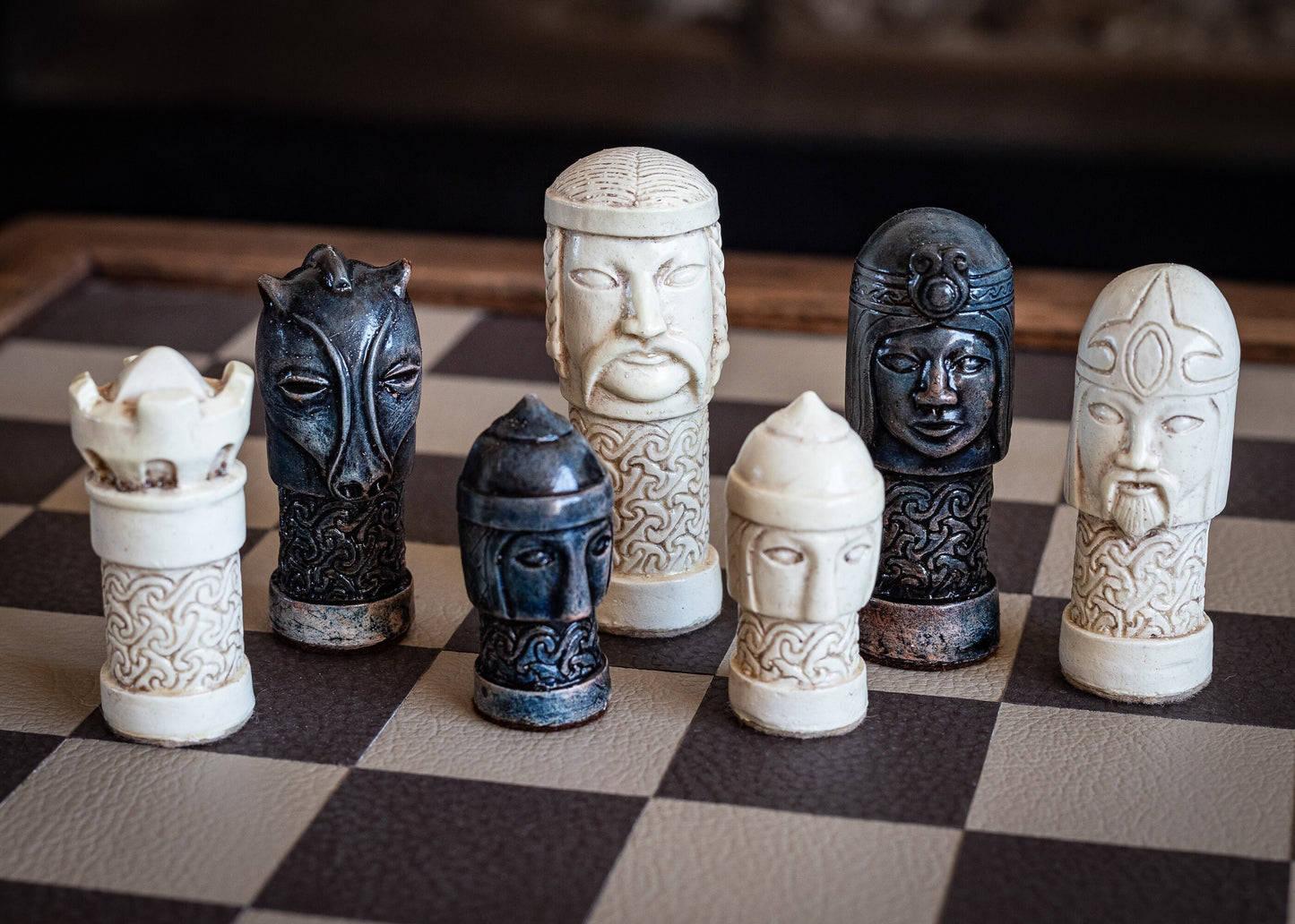 Made to order – Chess set, Celtic design in an aged stone and blue colour. BOARD NOT INCULDED