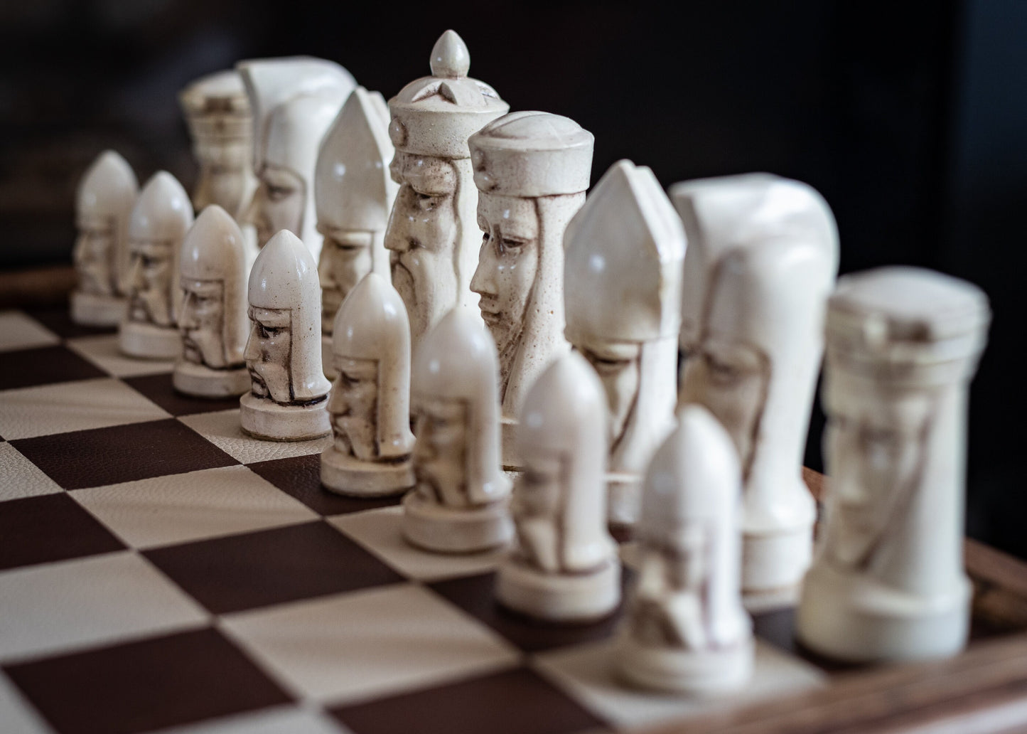 Made to order - Chess set, Gothic heads, similar to one used in orginal Star Trek series. In aged stone and mahogany. BOARD NOT INCULDED