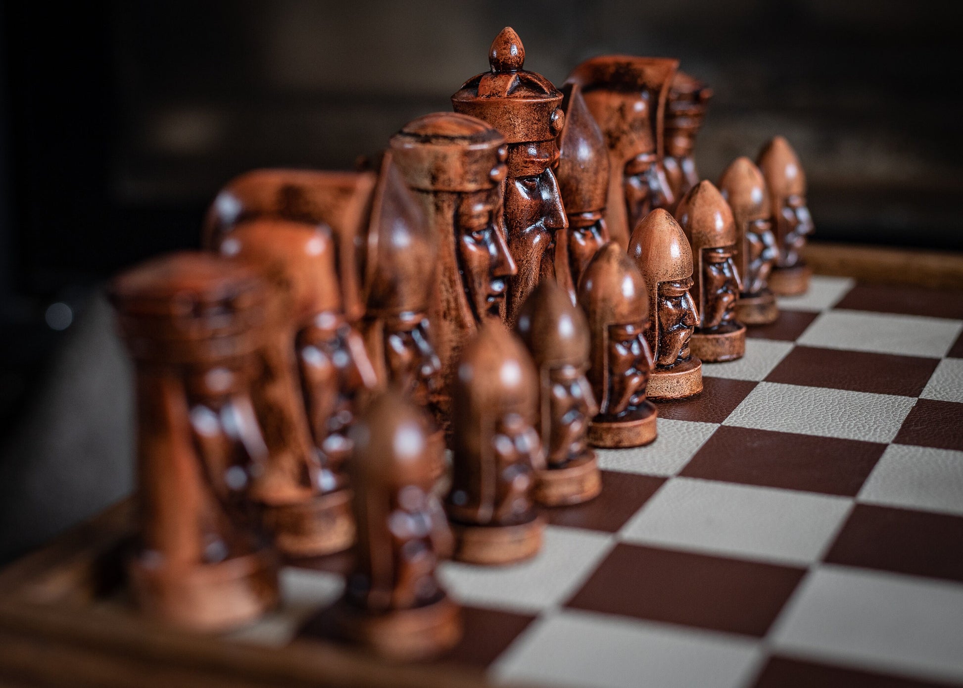 Made to order - Chess set, Gothic heads, similar to one used in orginal Star Trek series. In aged stone and mahogany. BOARD NOT INCULDED