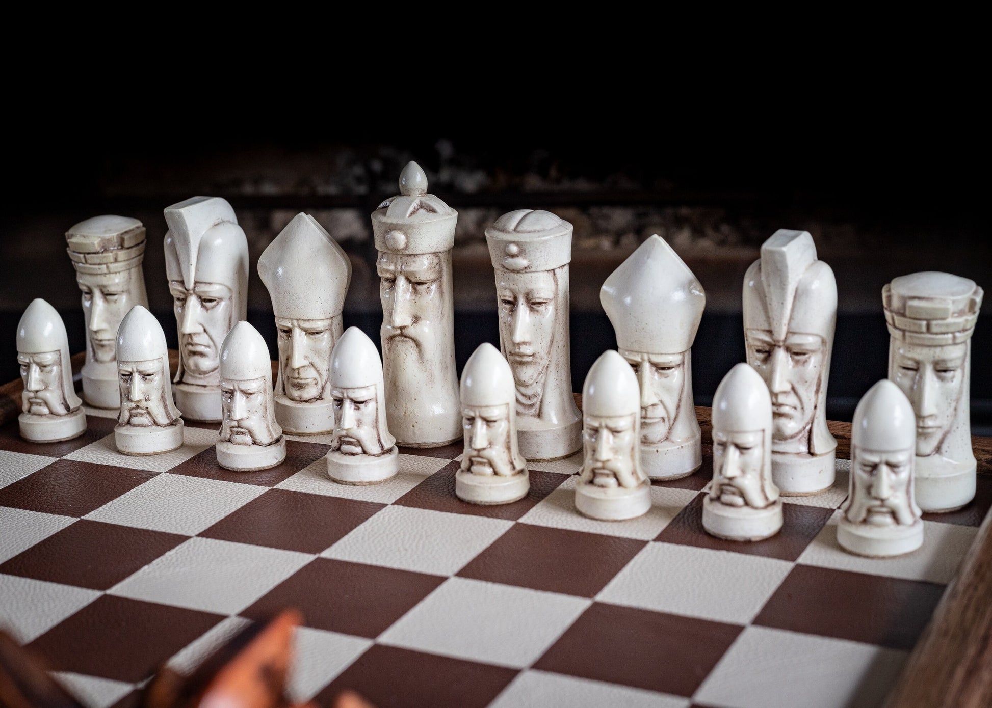 Made to order - Chess set, Gothic heads, similar to one used in orginal Star Trek series. In aged stone and mahogany. BOARD NOT INCULDED